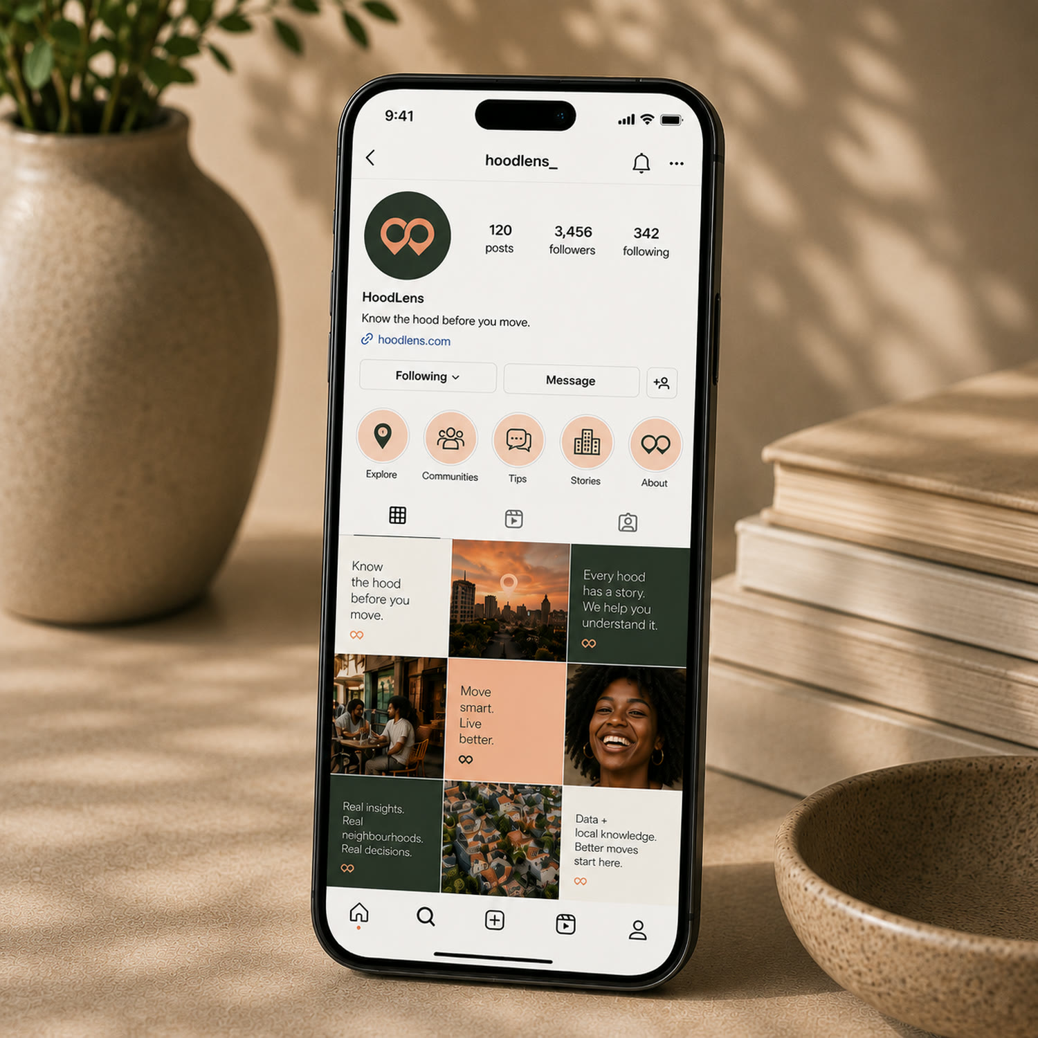 The HoodLens social profile on a phone, showing the identity in use online.