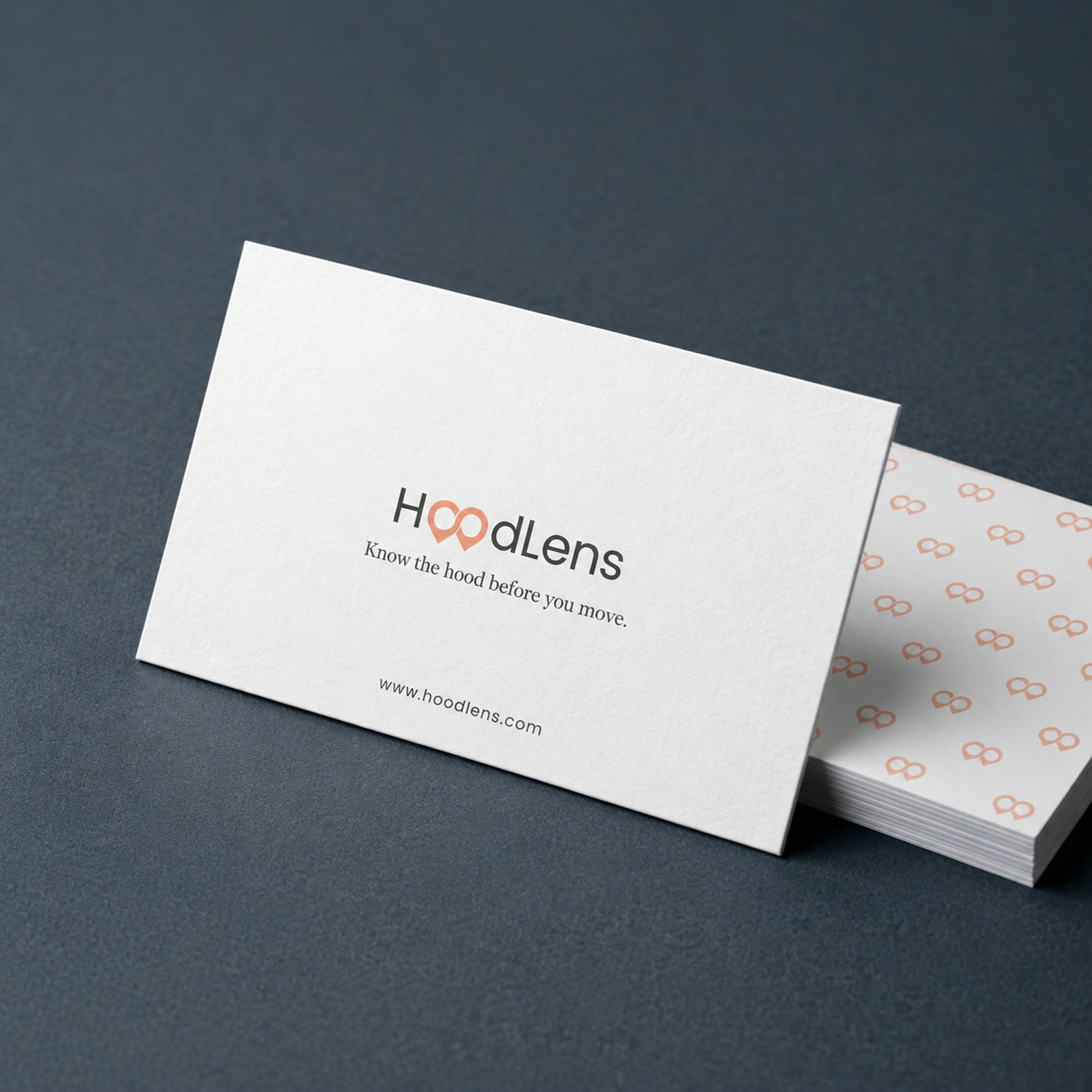Business cards showing the HoodLens wordmark, tagline and web address.