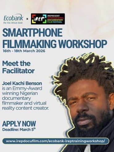 A facilitator card for the Ecobank smartphone filmmaking workshop introducing Joel Kachi Benson.