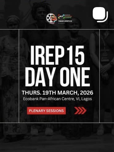 A festival week post announcing iREP15 Day One plenary sessions at the Ecobank Pan-African Centre.